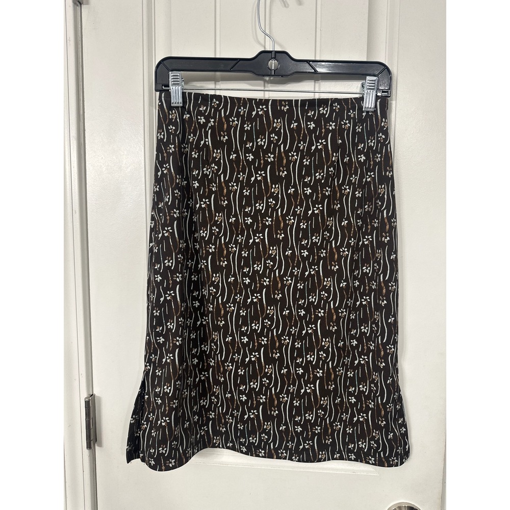 90s Y2K Axcess Liz Claiborne Brown Floral Wavy Stripe Midi Skirt Small Side Slit